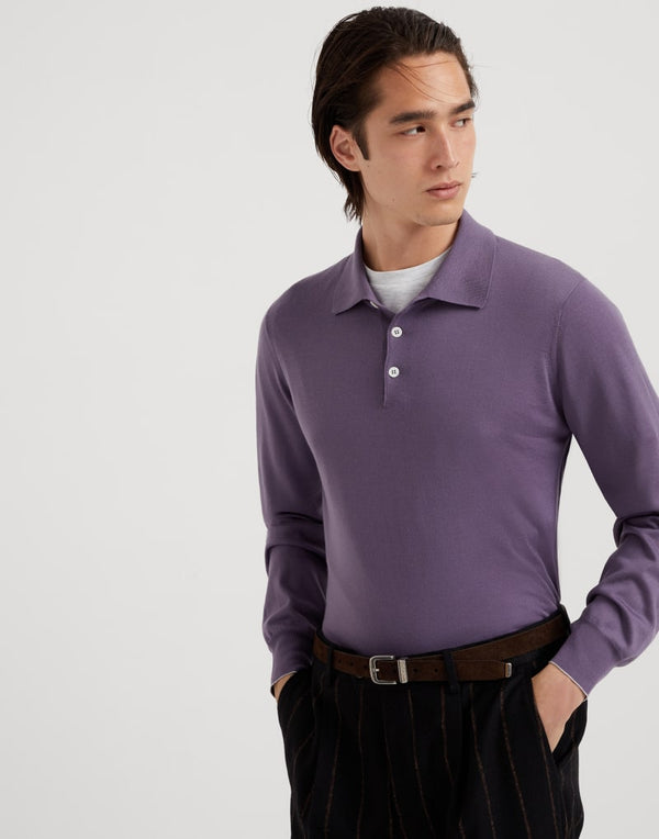 Brunello Cucinelli Mens Iris Wool Silk Long Sleeve Polo Sweater