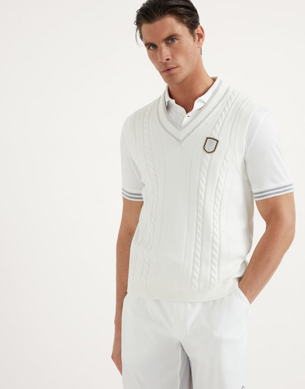 Brunello Cucinelli Mens Off White Cable Knit Sleeveless Sweater