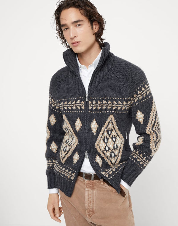 Brunello Cucinelli Mens Black Stone Camel Wool Zip Front Patterned Sweater