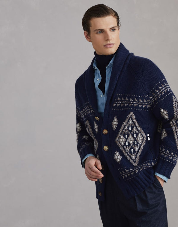 Brunello Cucinelli Mens Indigo Wool Shawl Collar Patterned Sweater