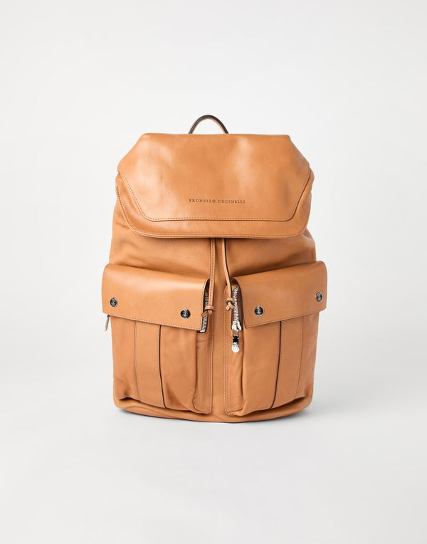 Brunello Cucinelli Mens Natural Leather Flap Backpack Beige