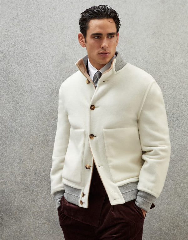 Brunello Cucinelli Mens White Wool Bomber Jacket Brown Clothing