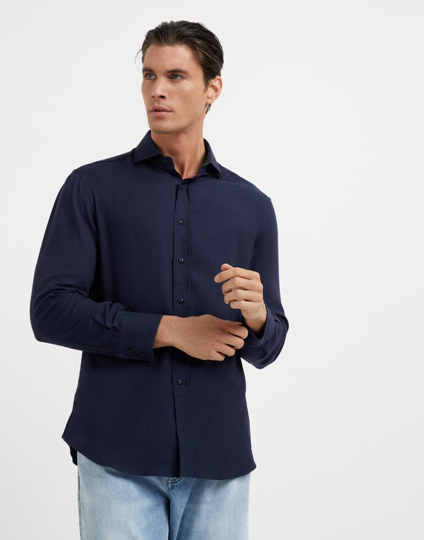 Brunello Cucinelli Mens Blue Cotton Wool Blend Shirt