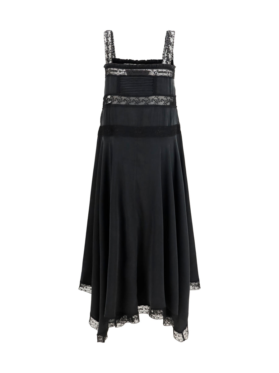Silk Maxi Dress With Lace — Black