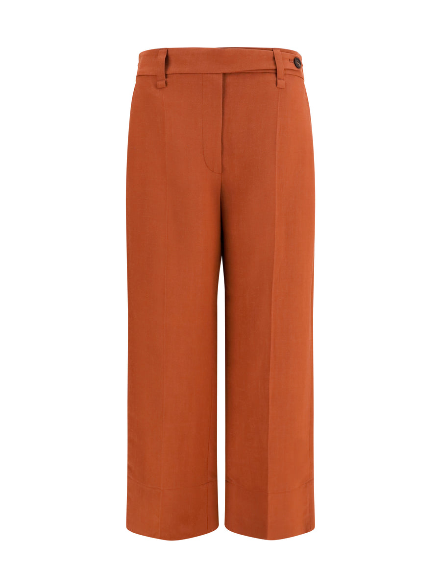 Cigarette Pants Firebrick Viscose-Linen Trousers