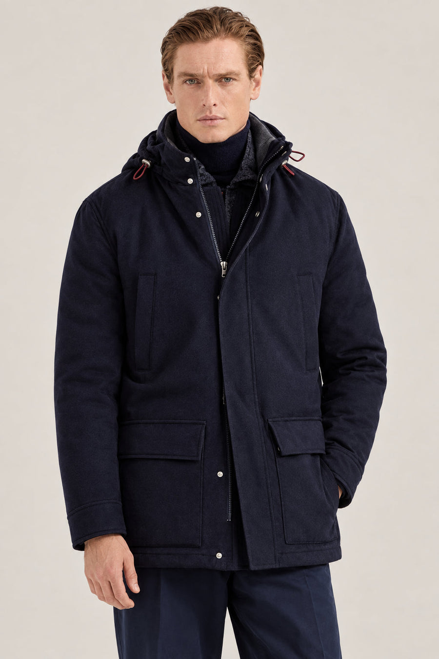 Brunello Cucinelli Mens Navy Wool Hooded Jacket Clothing