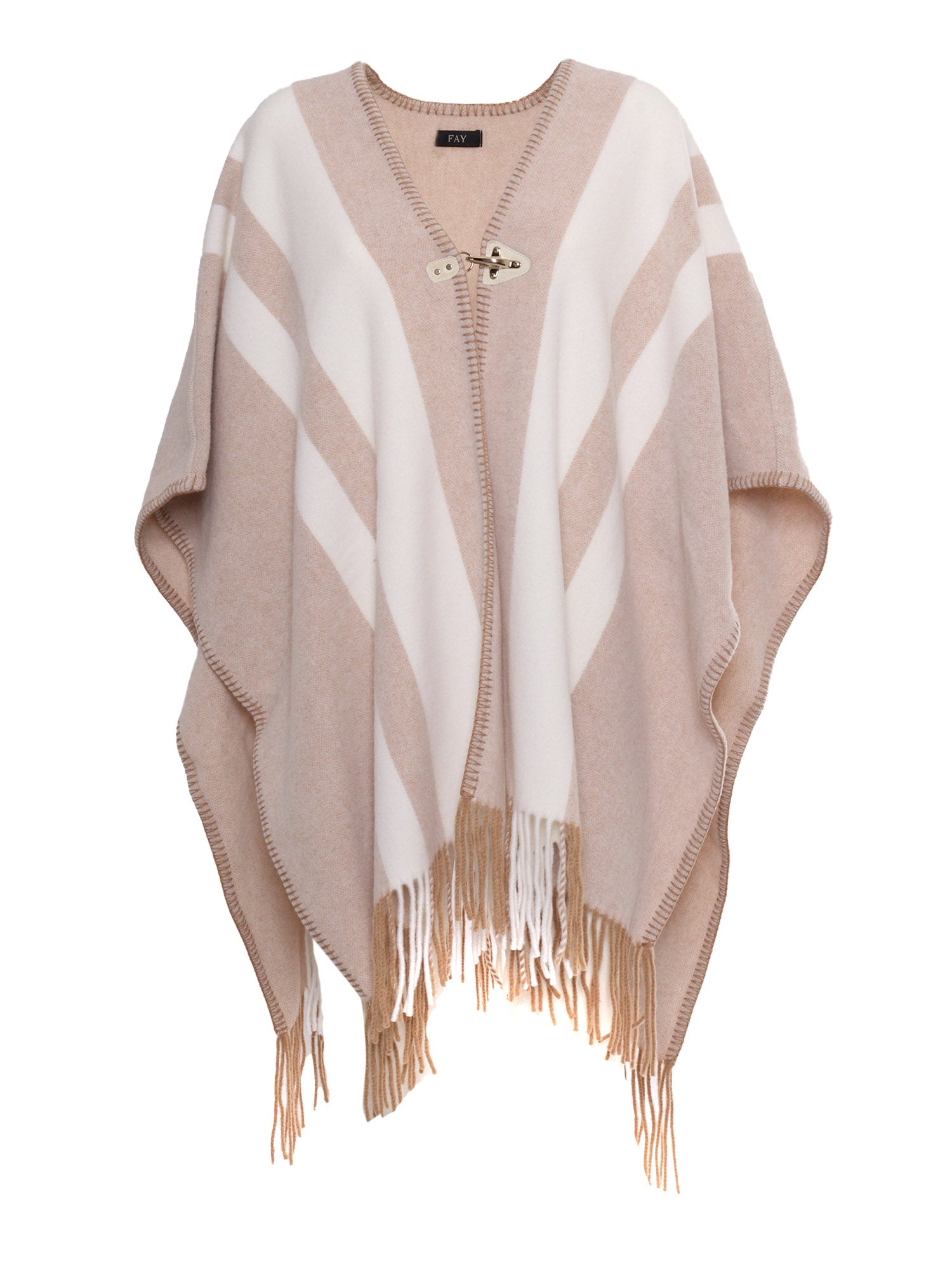 Two-Tone Poncho With Hook Beige Wool Polyamide