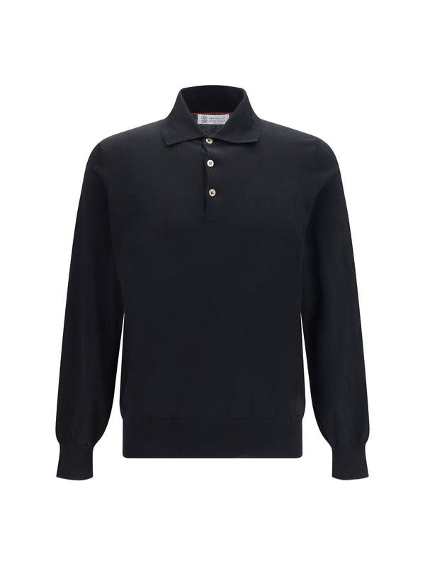 Long Sleeve Cotton Polo Nero+grigio Scuro Knitwear