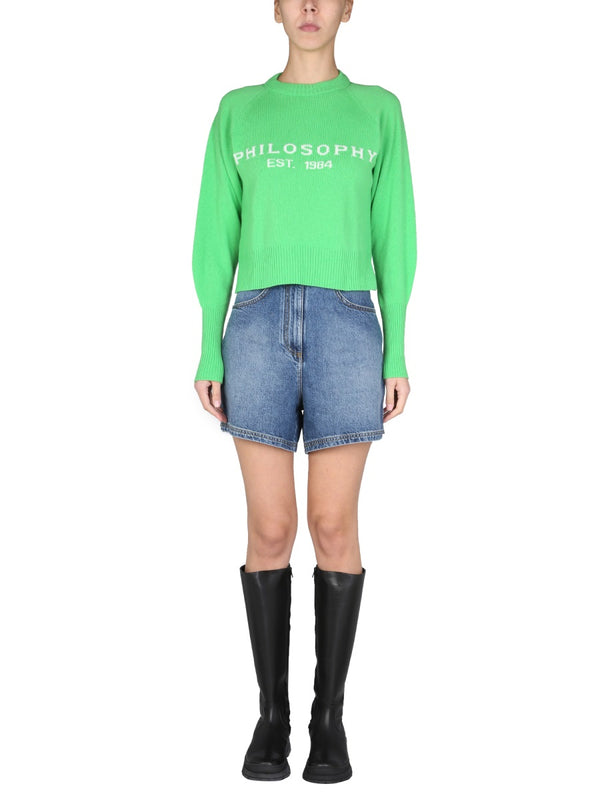 Sweater With Logo Inlay Green Virgin Wool Jumpers