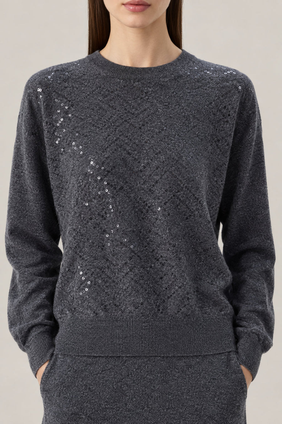 Brunello Cucinelli Womens Lead Wool Silk Blend Sweater Grey Clothing