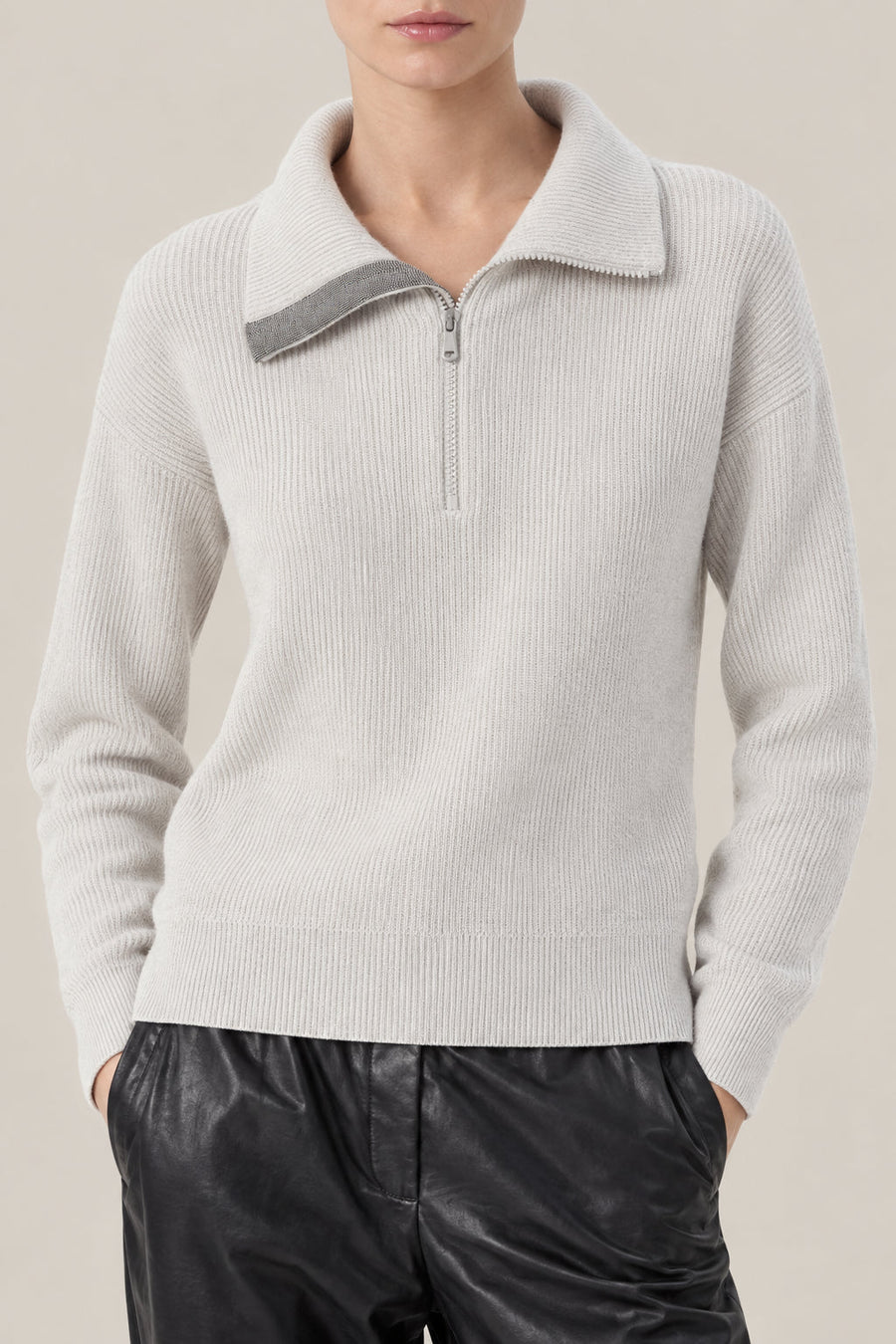 Brunello Cucinelli Womens Ice White Wool Half Zip Sweater Clothing