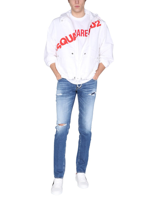 Hooded Jacket With Logo Print White Cotton