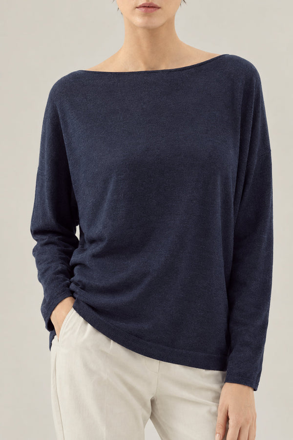 Brunello Cucinelli Womens Cold Blue Wool Silk Boat Neck Shirt