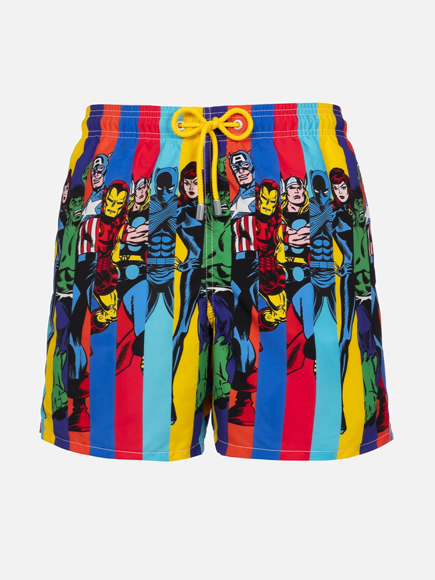 Man Mid-Length Gustavia Swim-Shorts With Marvel Characters Placed Print| Special Edition White Swimshort