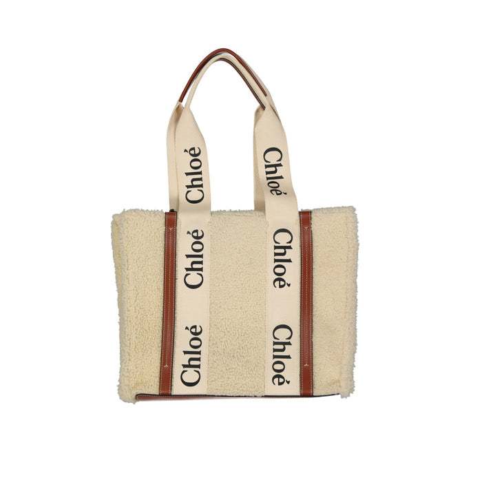 Chloé Woody Shearling Tote Bag Beige