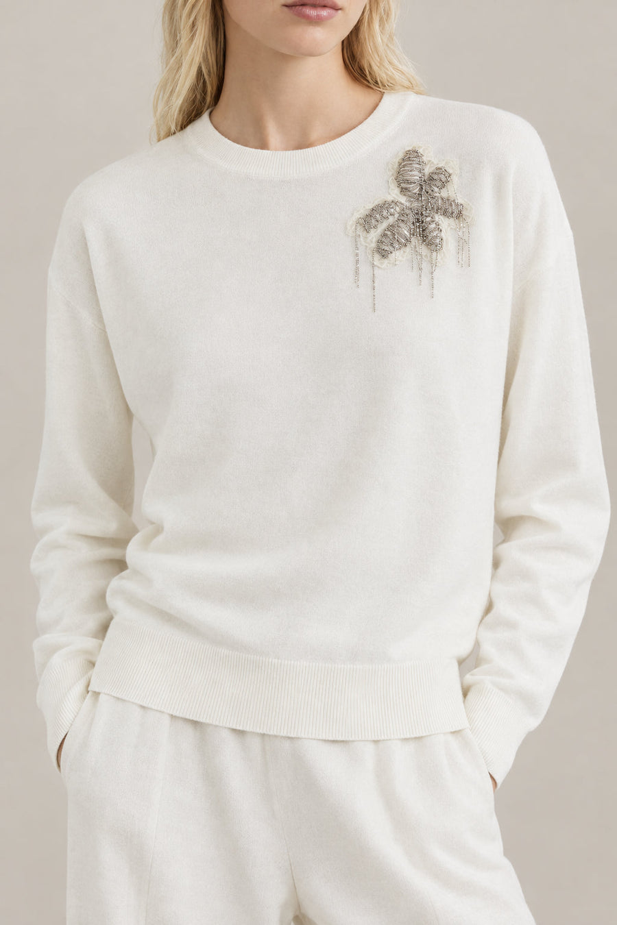 Brunello Cucinelli Womens White Wool Embellished Crewneck Sweater Clothing