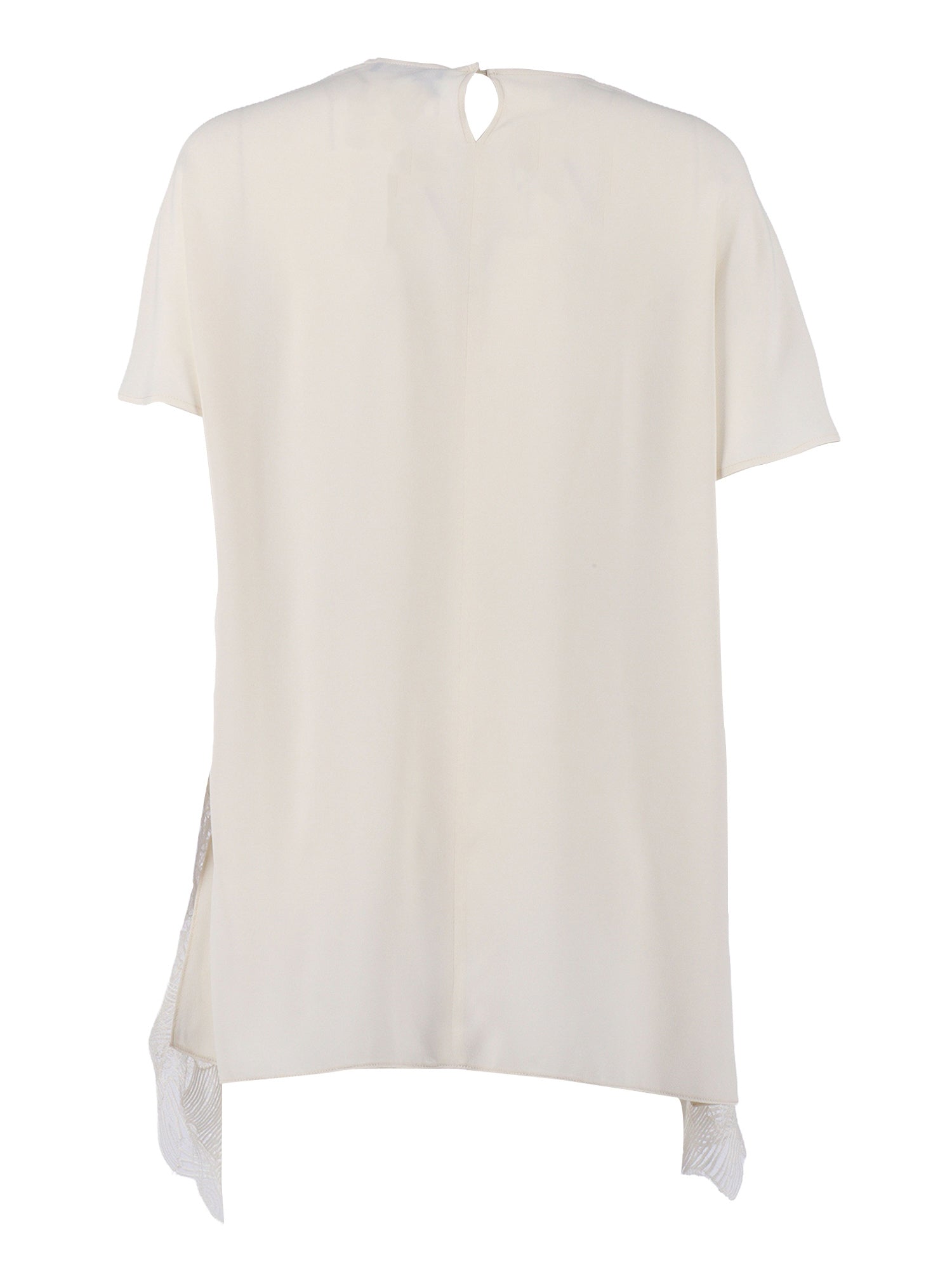 CREPE DE CHINE SHORT SLEEVE TOP WITH LACE BOTTM BAND White Acrylic Silk