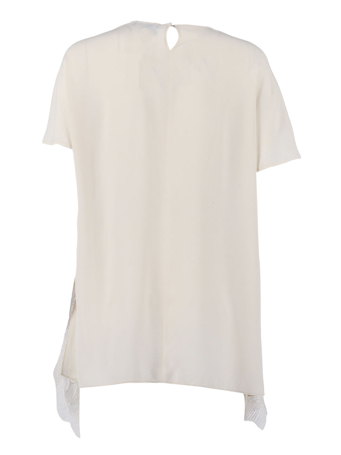 CREPE DE CHINE SHORT SLEEVE TOP WITH LACE BOTTM BAND White Acrylic Silk