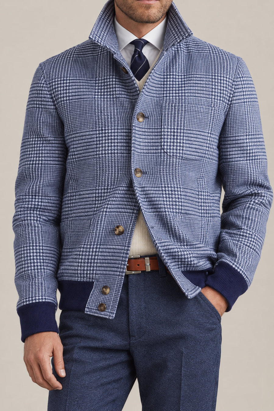 Brunello Cucinelli Mens Indigo Blue Wool Blend Checked Jacket
