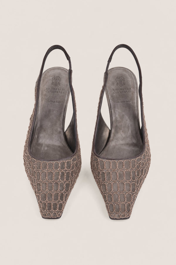 Brunello Cucinelli Womens Taupe Embroidered Slingback Shoes