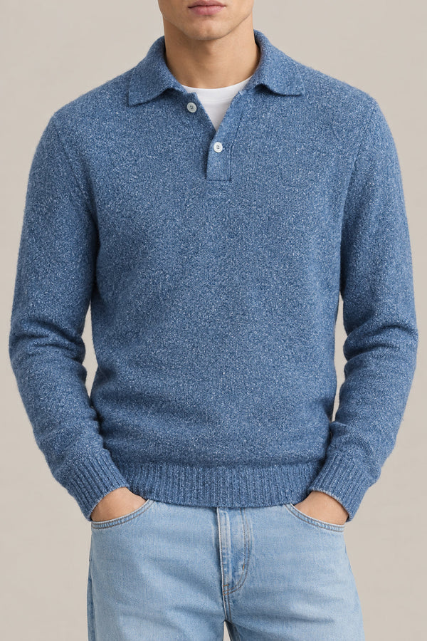 Brunello Cucinelli Mens Blue Wool Blend Polo Collar Sweater