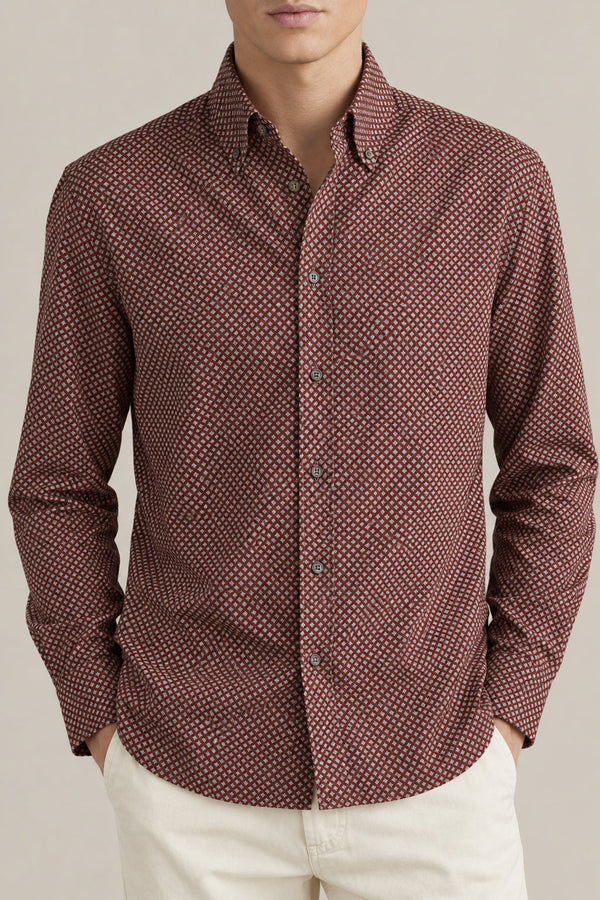 Brunello Cucinelli Mens Coral Patterned Cotton Button Down Shirt