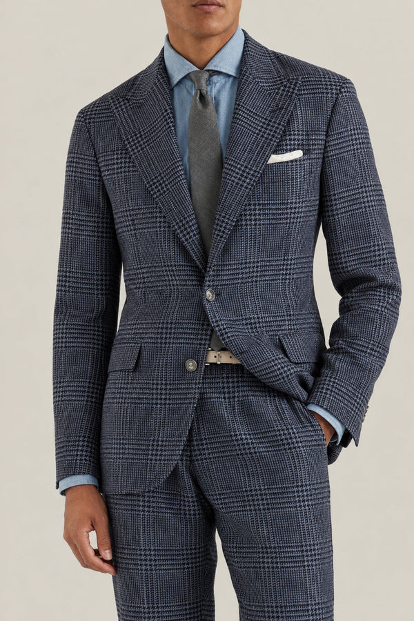 Brunello Cucinelli Mens Denim Wool Silk Checked Suit