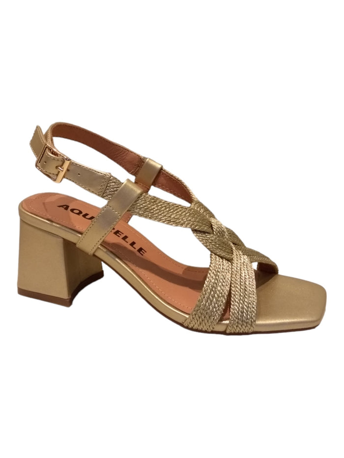 Sandalias Tacon Rafia Metallic Calf Leather Shoe