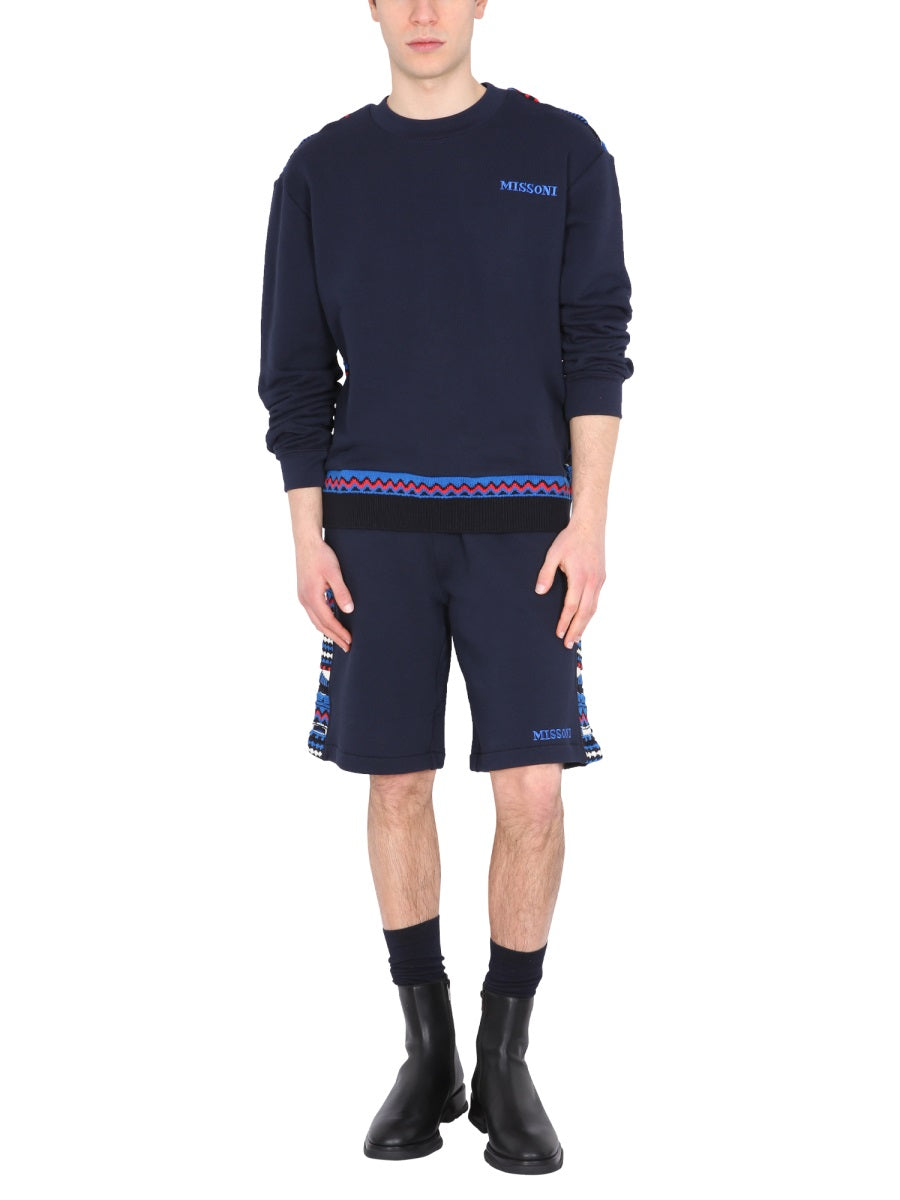 Embroidered Logo And Jacquard Insert Bermuda Blue Cotton Short