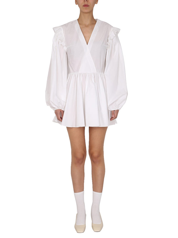 V-Neck Balloon Sleeve Dress White Organic Cotton