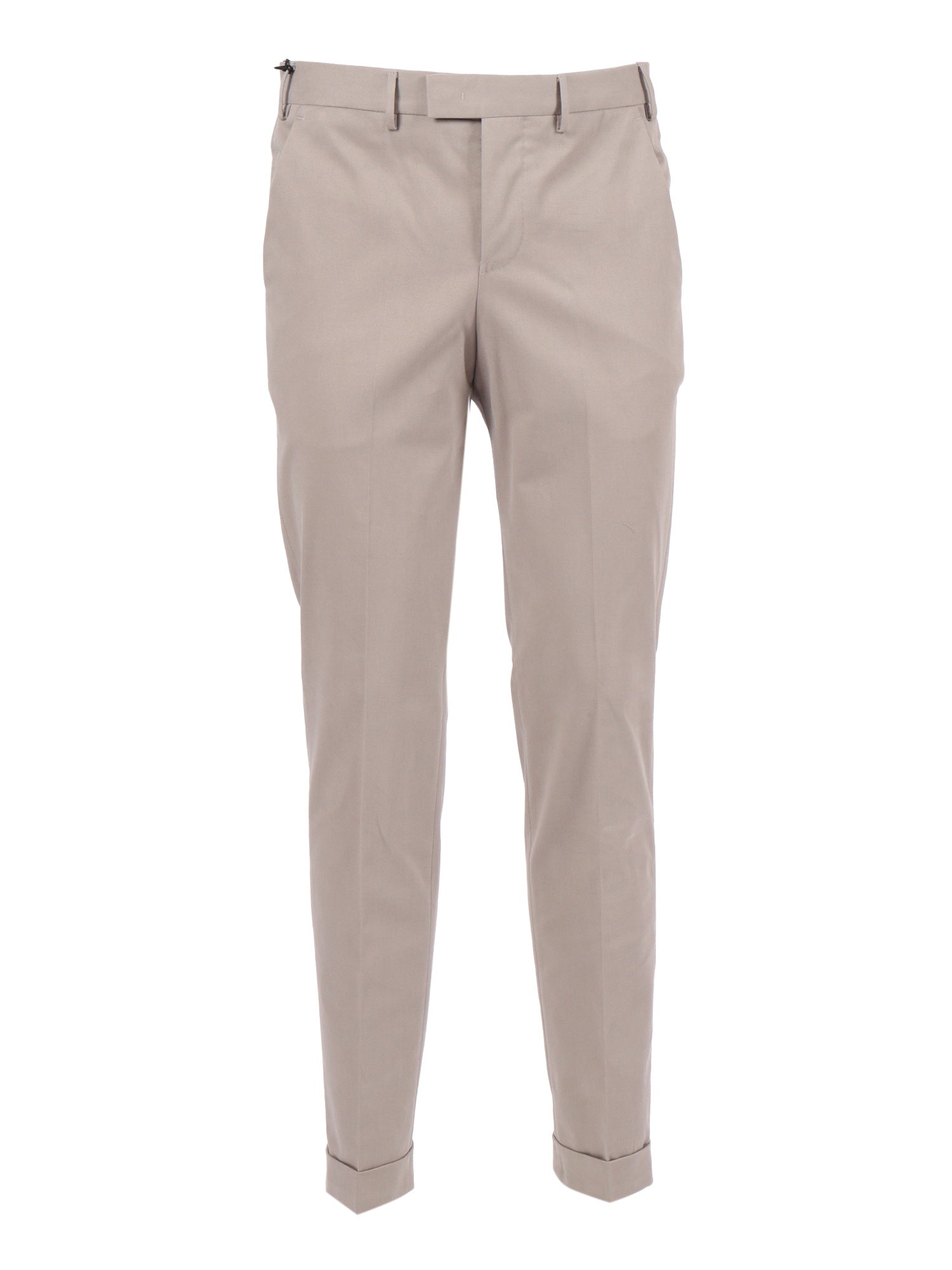 Master, Flat Front, Diagonal Pockets, Flap Back Turn-Up Beige Cotton Elastane Pant