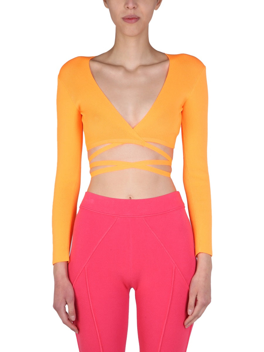 Wide V-Neck Cropped Top Orange Ribbed Fabric Tops