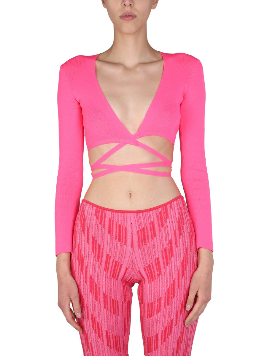 Wide V-Neck Cropped Top Fuchsia Ribbed Material Tops