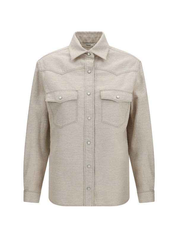Selleria Denim Western Shirt Avorio Cotton; Linen