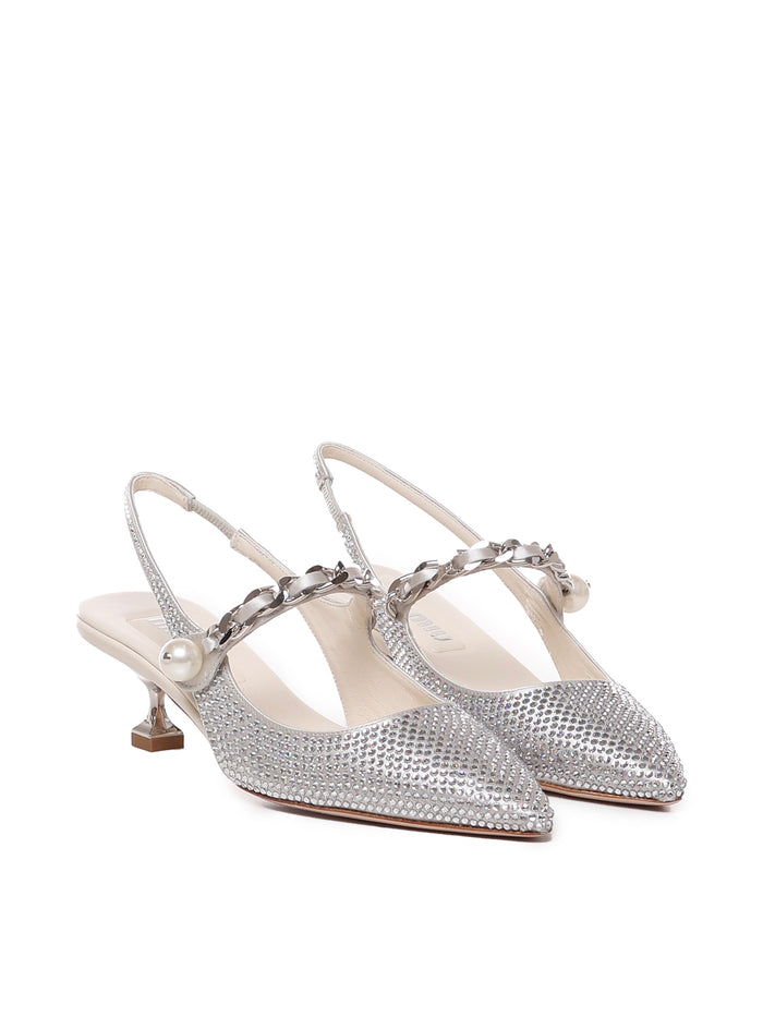 Miu With Heel Silver Pearl Silk Viscose