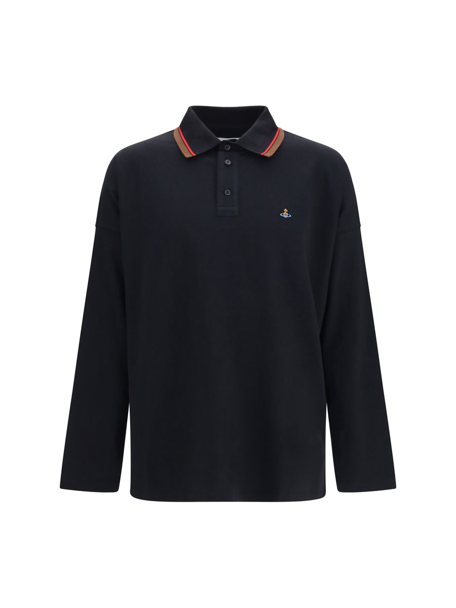 Oversized Long-Sleeve Polo Black Cotton Shirts
