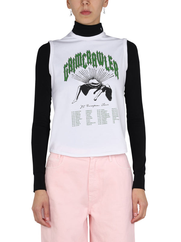Printed Roll-Neck Top White Cotton T-shirts