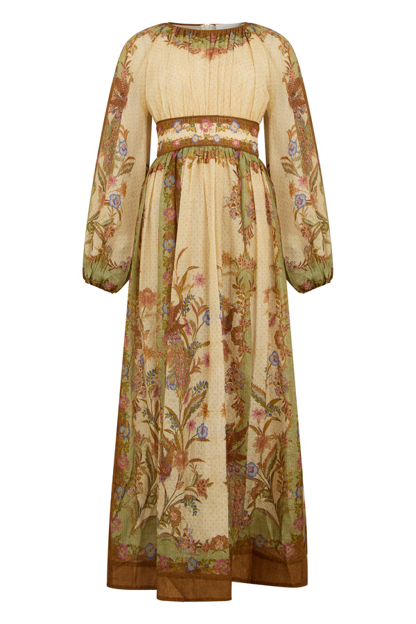Long Puff-Sleeve Dress Beige Cotton
