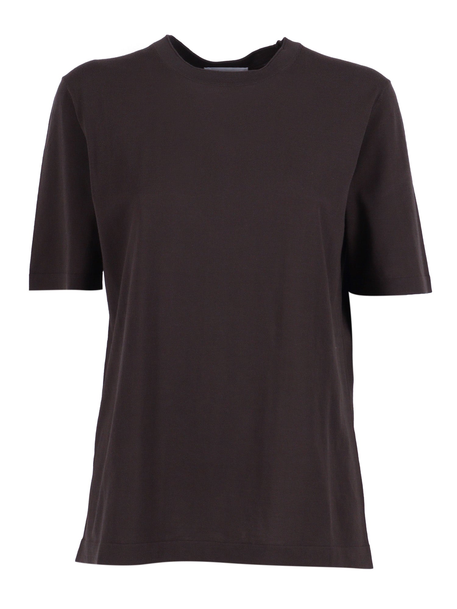 Short-Sleeved Fully-Fashioned Crew Neck Sweater Brown Cotton Crewneck
