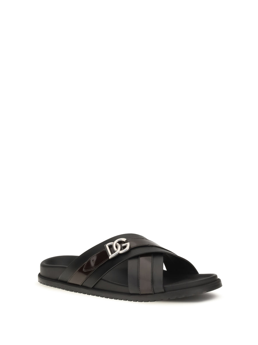 Slide Sandals Calf Leather Black-Cacao Black/cacao