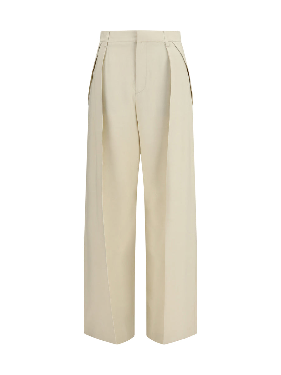Wide Leg Canvas Pants Light Beige Viscose Trousers