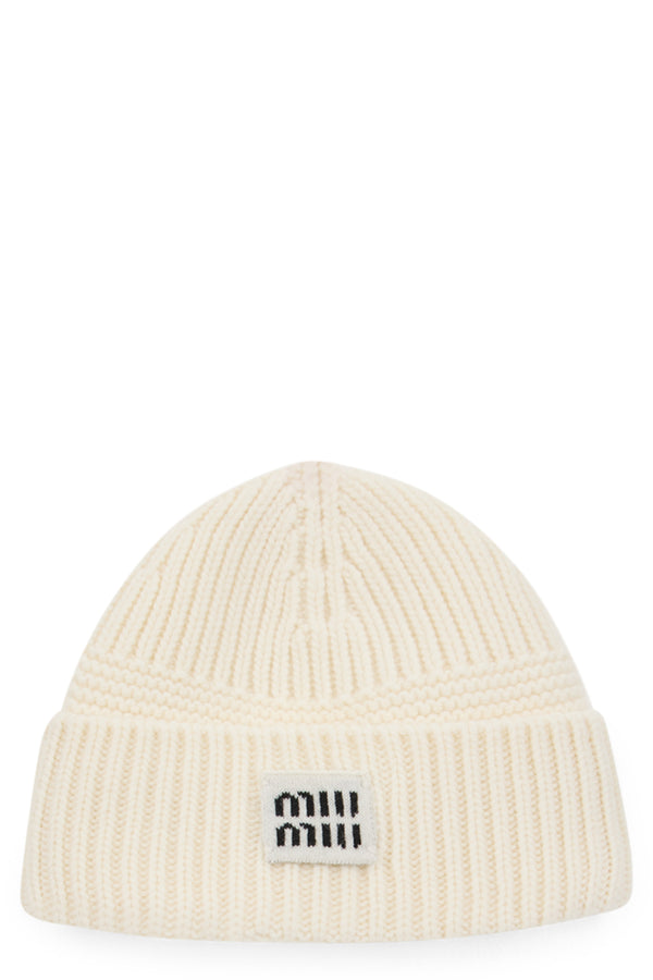Knitted Hat With Logo White Virgin Wool