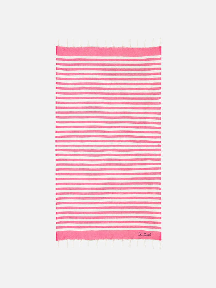 Cotton Beach Towel Fouta With Fuchsia Striped Print Pink