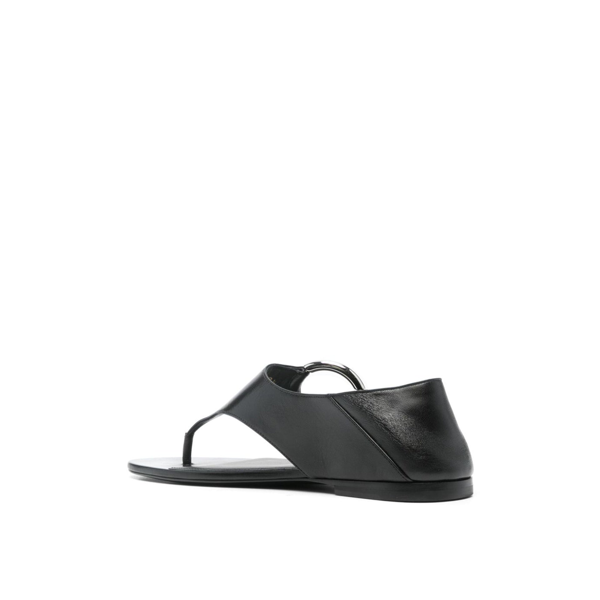 Ring Leather Flat Sandals Black Calf