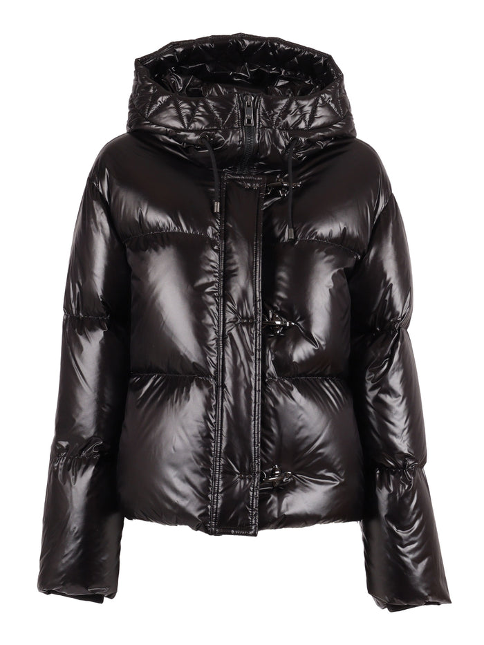 3 Hooks + Hood Down Jacket Black Short Puffer