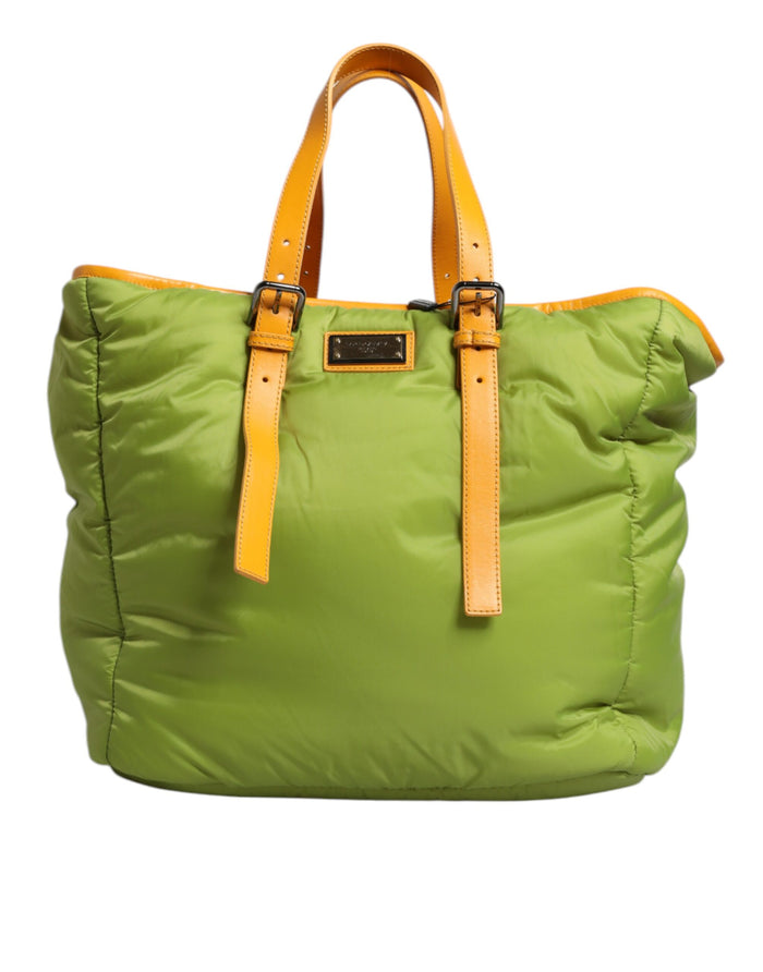 Green Nylon Padded Logo Plaque Tote Crossbody Bag Pu Leather