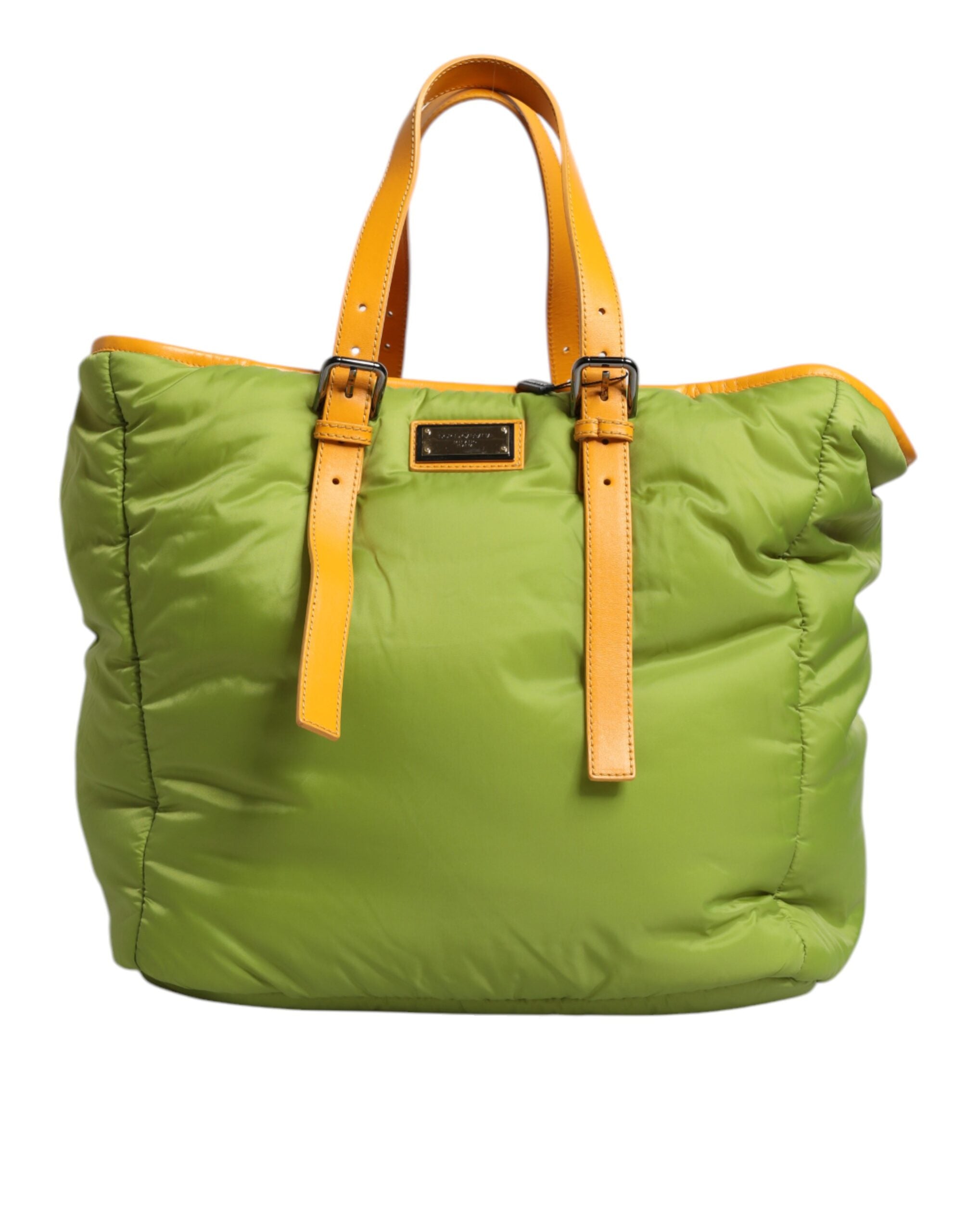 Green Nylon Padded Logo Plaque Tote Crossbody Bag Pu Leather