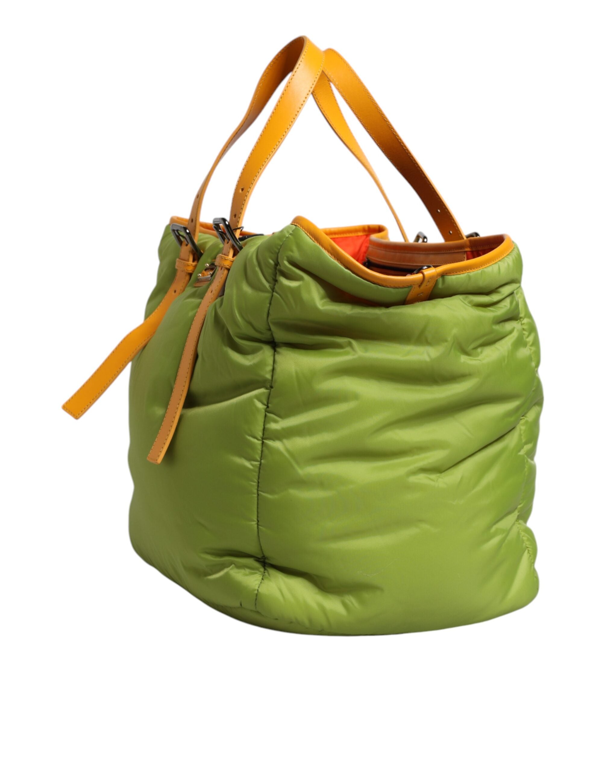 Green Nylon Padded Logo Plaque Tote Crossbody Bag Pu Leather