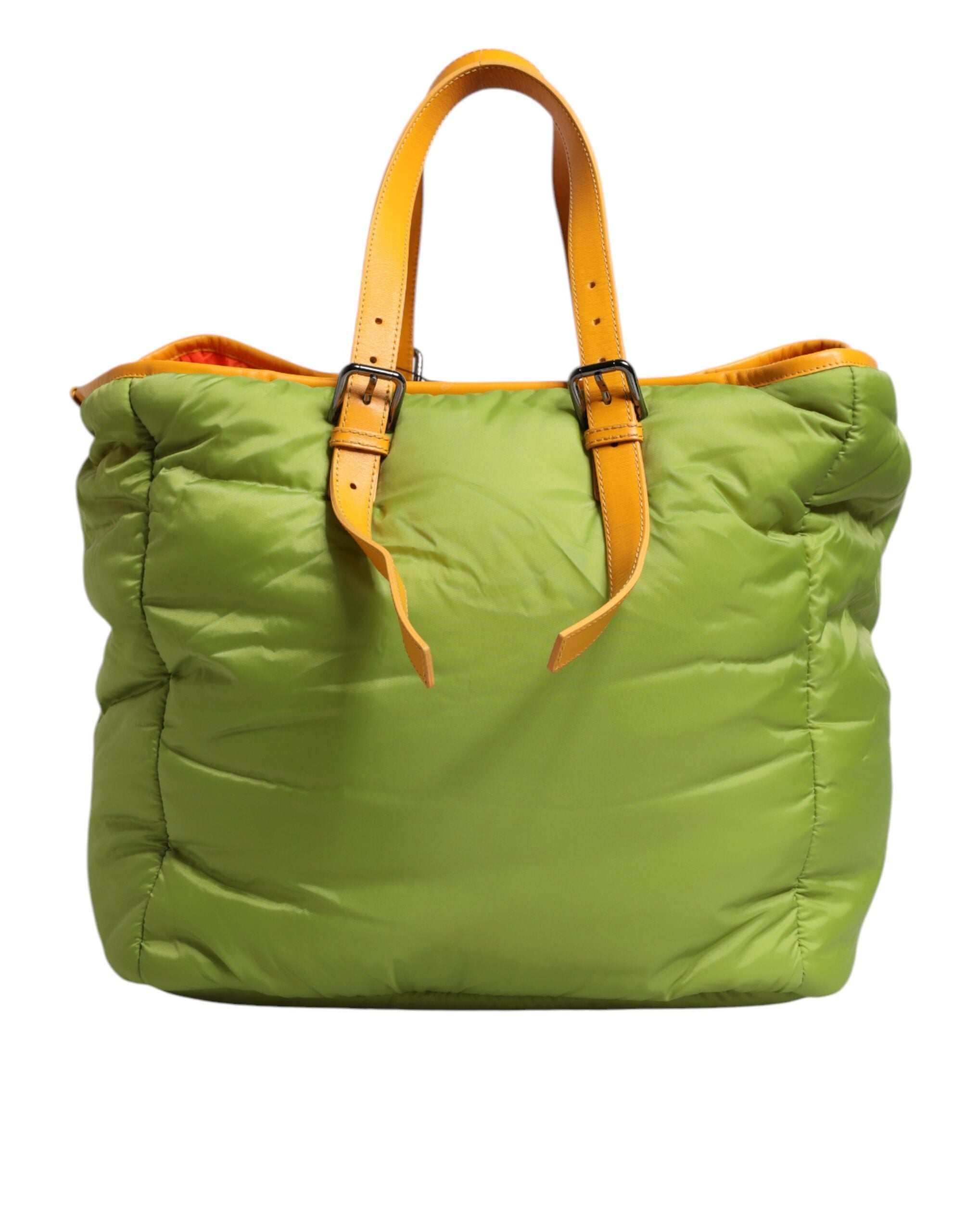 Green Nylon Padded Logo Plaque Tote Crossbody Bag Pu Leather