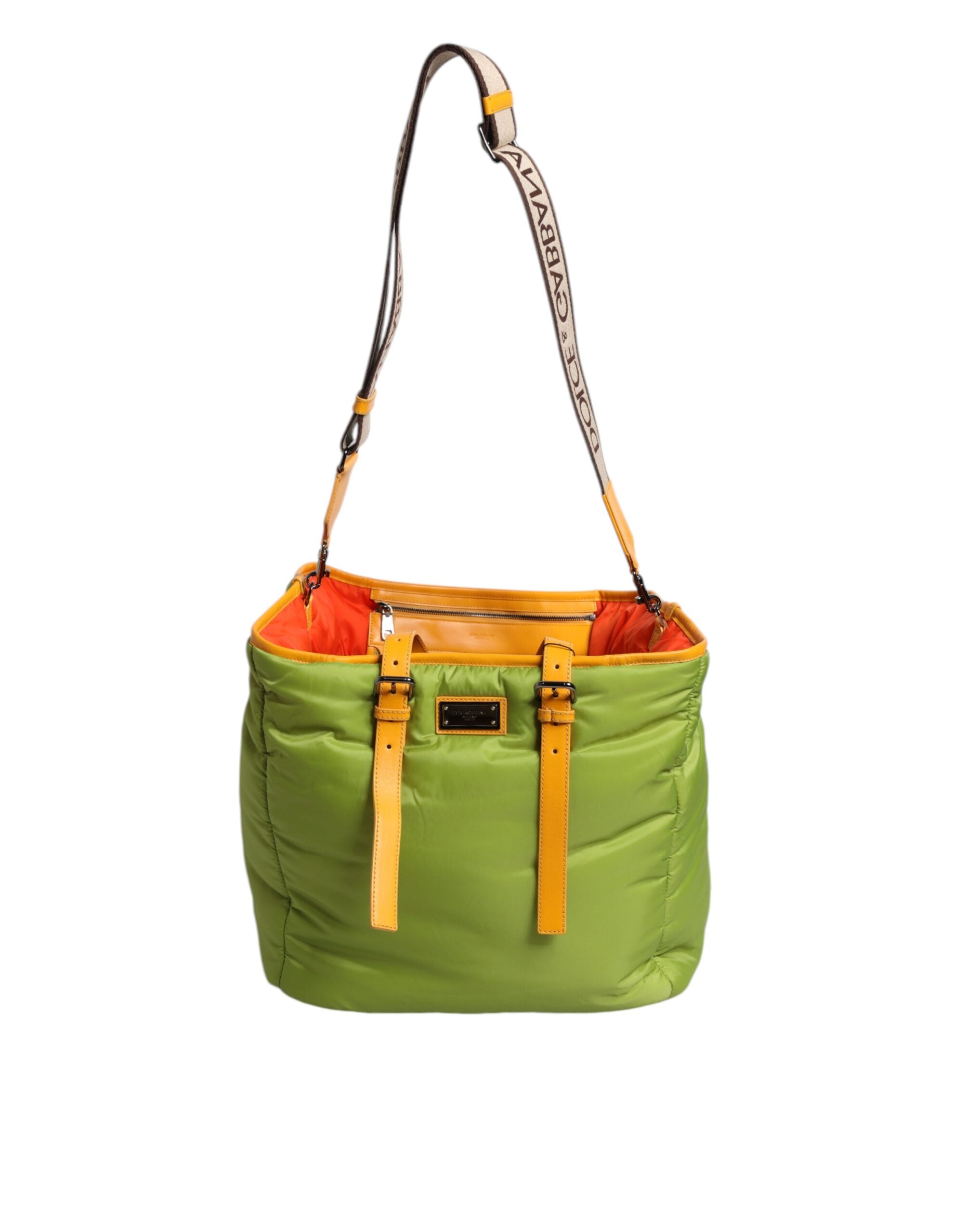 Green Nylon Padded Logo Plaque Tote Crossbody Bag Pu Leather